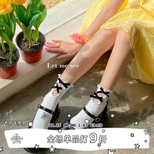 花边蝴蝶结短袜日系少女可爱jk纯色中筒袜子 SEE LET