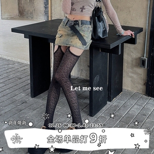 袜薄款 LET 黑色豹纹提花女丝袜透明连裤 SEE 吊带长筒袜过膝袜