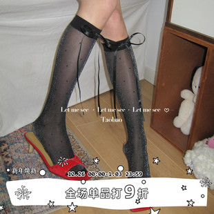百搭银丝圆点绑带蝴蝶结小腿袜 SEE 亮丝黑色丝袜显瘦女袜 LET