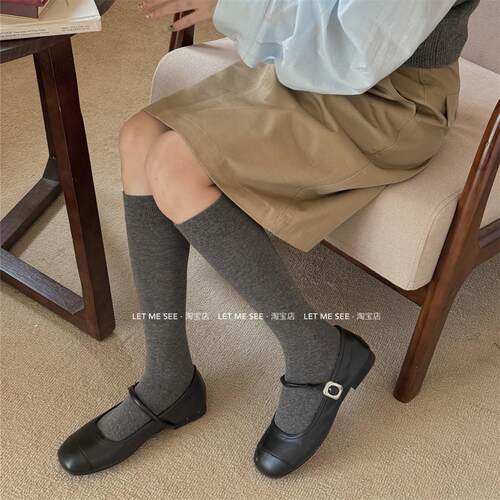 LET ME SEE 小腿袜女安可拉红无骨棉袜子纯色复古百搭显瘦长筒袜