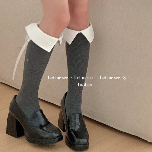 LET ME SEE 原创简约时髦翻领小腿袜 复古绑带蝴蝶结中筒棉袜