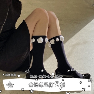 袜子 SEE纯色天鹅绒中筒袜ins潮立体花朵环绕长袜甜美个性 LET