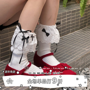 原创白色芭蕾风花边蝴蝶结中筒袜 SEE 小腿韩系堆堆女袜 LET