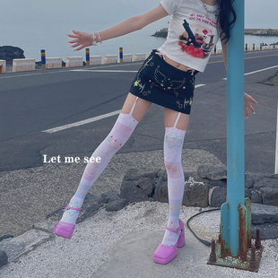 LET 原创Lolita卡通漫画印花吊带长筒袜天鹅绒过膝袜高筒 SEE