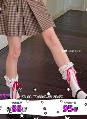 LET ME SEE 蝴蝶结中筒袜洛丽塔蕾丝花边堆堆袜日系甜美少女百搭