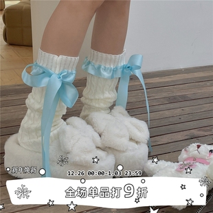 洛丽塔少女芭蕾舞风绸缎丝带蝴蝶结袜套麻花纹堆堆袜 SEE LET