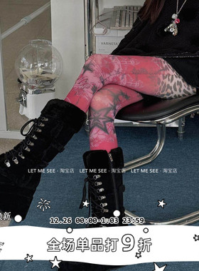 LET ME SEE原创 小众设计印花连裤袜亚文化辣妹丝袜红色打底袜