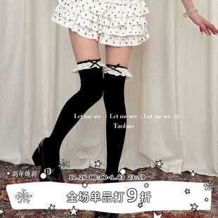 日系洛丽塔花边小腿女袜 SEE 少女蝴蝶结黑色棉过膝大腿袜 LET