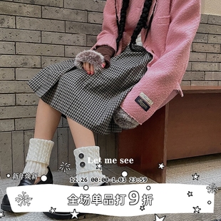 LET SEE翻领纽扣麻花针织靴套纯色堆堆中筒腿套学院风辣妹袜套