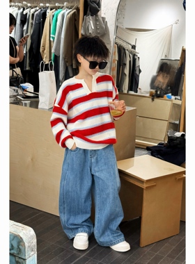 THE LUHAN【色彩笔记】秋冬红蓝白条纹圣诞色亲子装大童毛衣25701