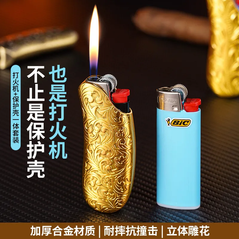 比克J6打火机创意香蕉机套金属浮雕唐草富贵花耐用机壳机套