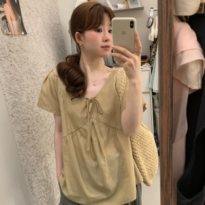 MONICA-26年夏上新小清新气质V领系带小衫(不含下装)s7711