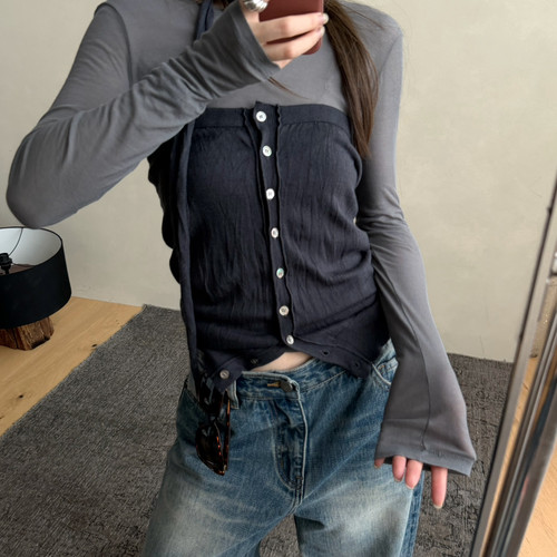 LACHER-26秋上新褶皱挂脖抹胸背心(配飘带)（含5羊毛）373b062