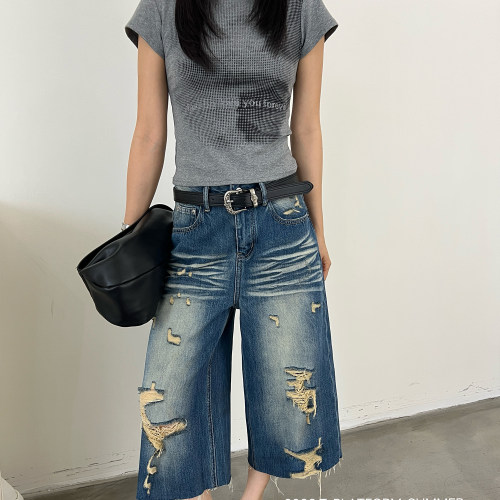 T-PLATFORM-26年夏上新美式复古水洗七分破洞阔腿裤女夏季个68372
