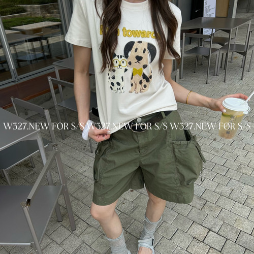 W327.-夏上新韩系斑点小狗印花中空刺绣正肩短袖T恤59531#
