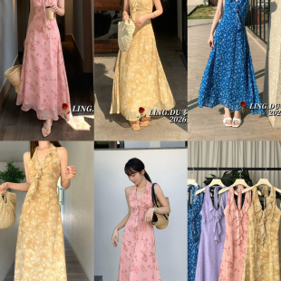 零度 打揽淑女气质度假风减2628 26年夏上新挂脖v领荷叶边印花修身