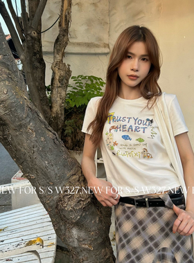 W327.-夏上新韩系趣味卡通印花正肩短袖T恤59315