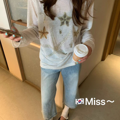 MISS SESAME-26年夏上新韩系印花宽松烫钻百搭长袖T恤26051809
