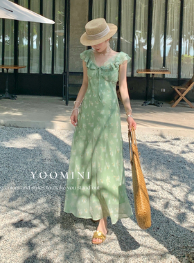 YOOMINI-OWENANA蝶徊纱·v领荷叶边修身印花灵动度假浪漫M60072-S