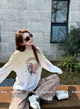黎米-26年夏上新重工渐变涂鸦烫钻插画宽松薄透长袖T恤A26084