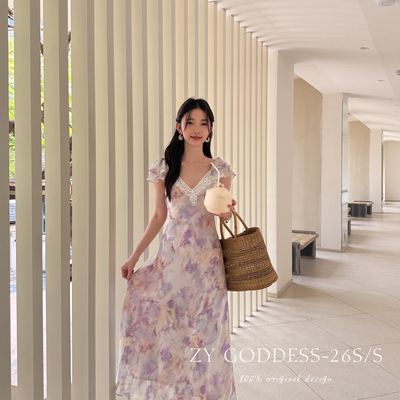 ZY GODDESS-美神降临梦幻晕染拼接蕾丝领口法式优雅长裙连衣86891