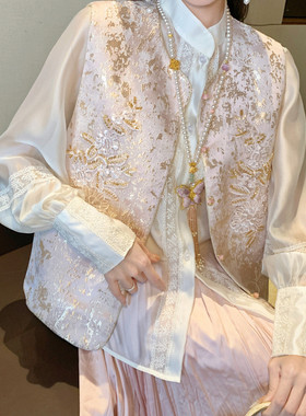 M.W嫚维-国风新中式-26年春款人丝金线提花拼珠片马甲(不配内J210
