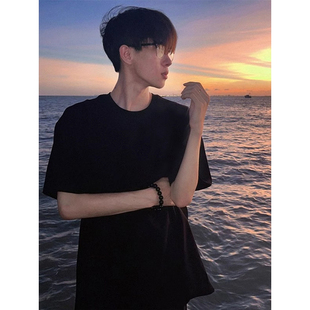 韩系cleanfit短袖T恤男款夏季纯黑色重磅纯棉半袖青少年情侣体恤