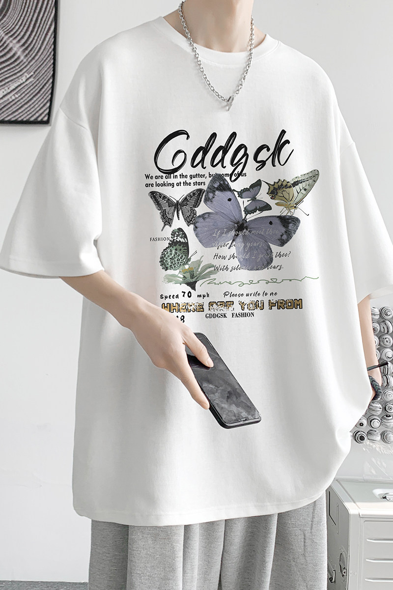已注册/夏季蝴蝶复古印花短袖T恤男宽松体恤打底衫DT2944/P25,男装T恤,电商B316