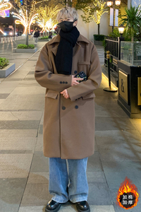 港风时尚大码宽松中长款毛呢大衣男秋冬厚款风衣外套MN9538/P100图片