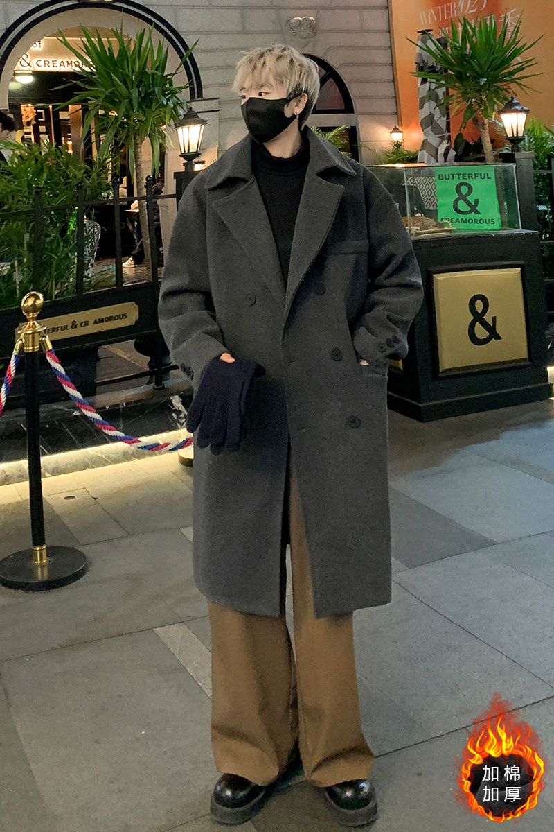 韩系宽松过膝中长款毛呢大衣男秋冬加厚风衣外套大码MN9538/P100,男装毛呢大衣,电商B316