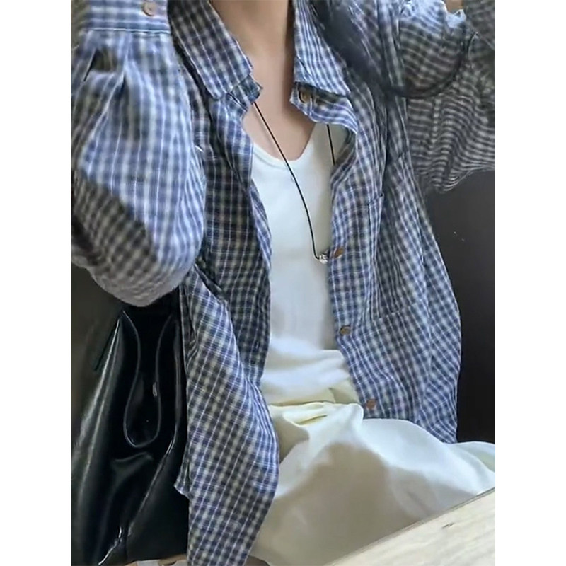 韩系慵懒蓝色格子衬衫男款春夏季长袖衬衣情侣开衫高级感外套潮流图片