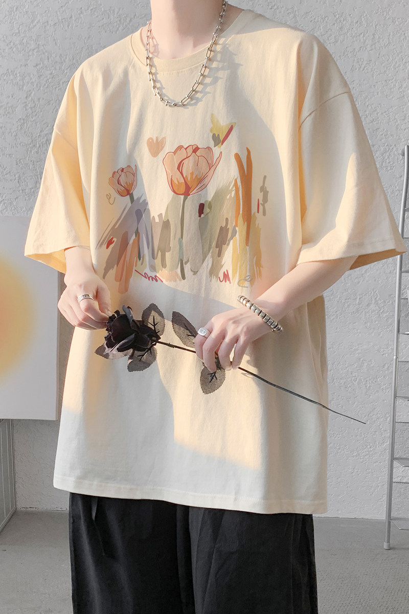 已注册/夏季卡其色水仙印花短袖T恤情侣体恤打底衫DT0352/P25,男装T恤,电商B316