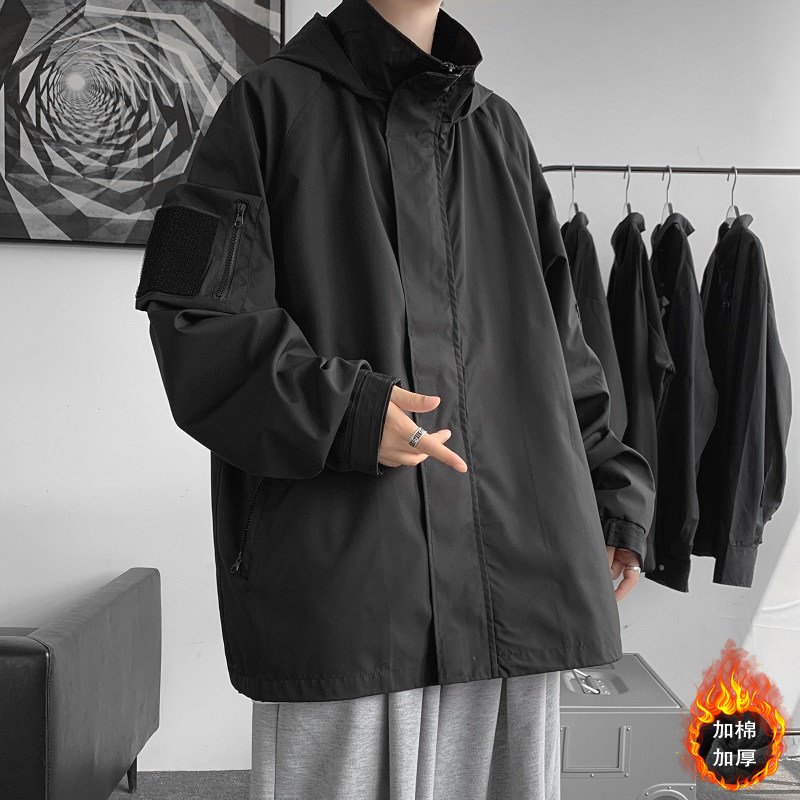 秋冬季防水冲锋衣男夹克大码外套魔术贴连帽JK8768/P100加棉P120,男装夹克,电商B316