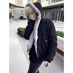 美式高街黑色座山雕羽绒棉服男款冬季高级感痞帅加厚连帽棉衣外套