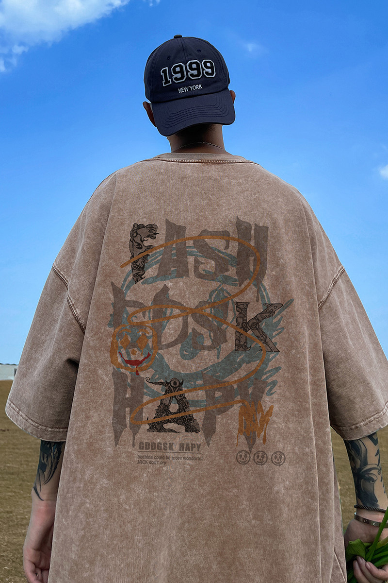 水洗重磅新款潮牌文字复古短袖T恤男生宽松打底衫体恤DT8975/P35,男装T恤,电商B316