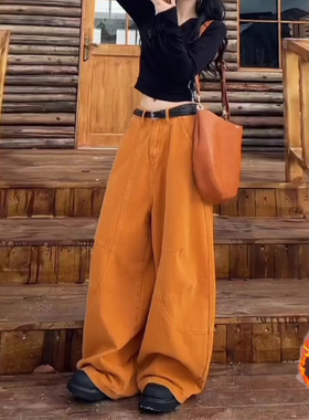 橙色小众拼接设计感加绒弯刀阔腿牛仔裤女秋冬新款宽松时尚裤