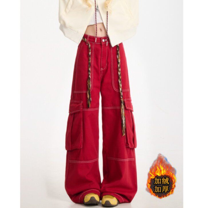 明线拼接设计感工装加绒阔腿牛仔裤女秋冬新款宽松时尚潮款裤子,女装/女士精品,牛仔裤,淘宝优惠券,粉丝福利购,淘宝优惠卷