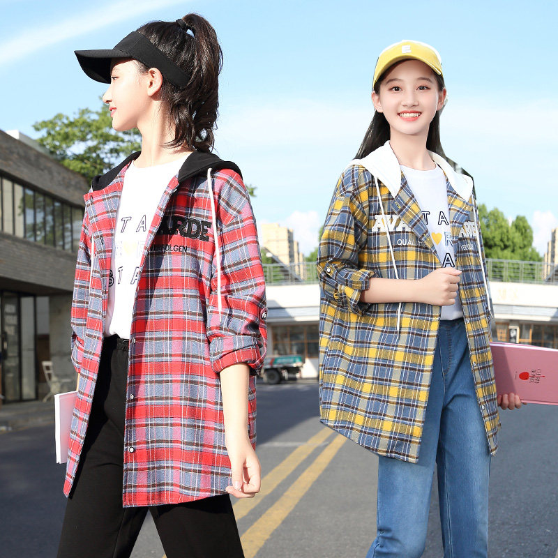 初中女生格子衬衫薄外套春秋新品宽松中长款连帽长袖挽袖衬衣学生在类目 女装/女士精品, 衬衫中 - 来自Buy2taobao.com提供专业的淘宝代购服务