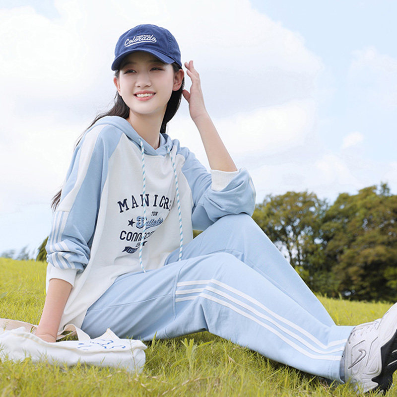 初中生休闲运动套装少女秋冬装高中学生套服15撞色长袖T恤两件套