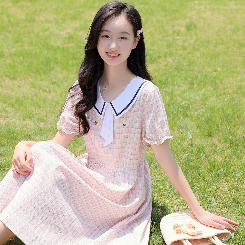 少女风连衣裙纯棉格子海军领