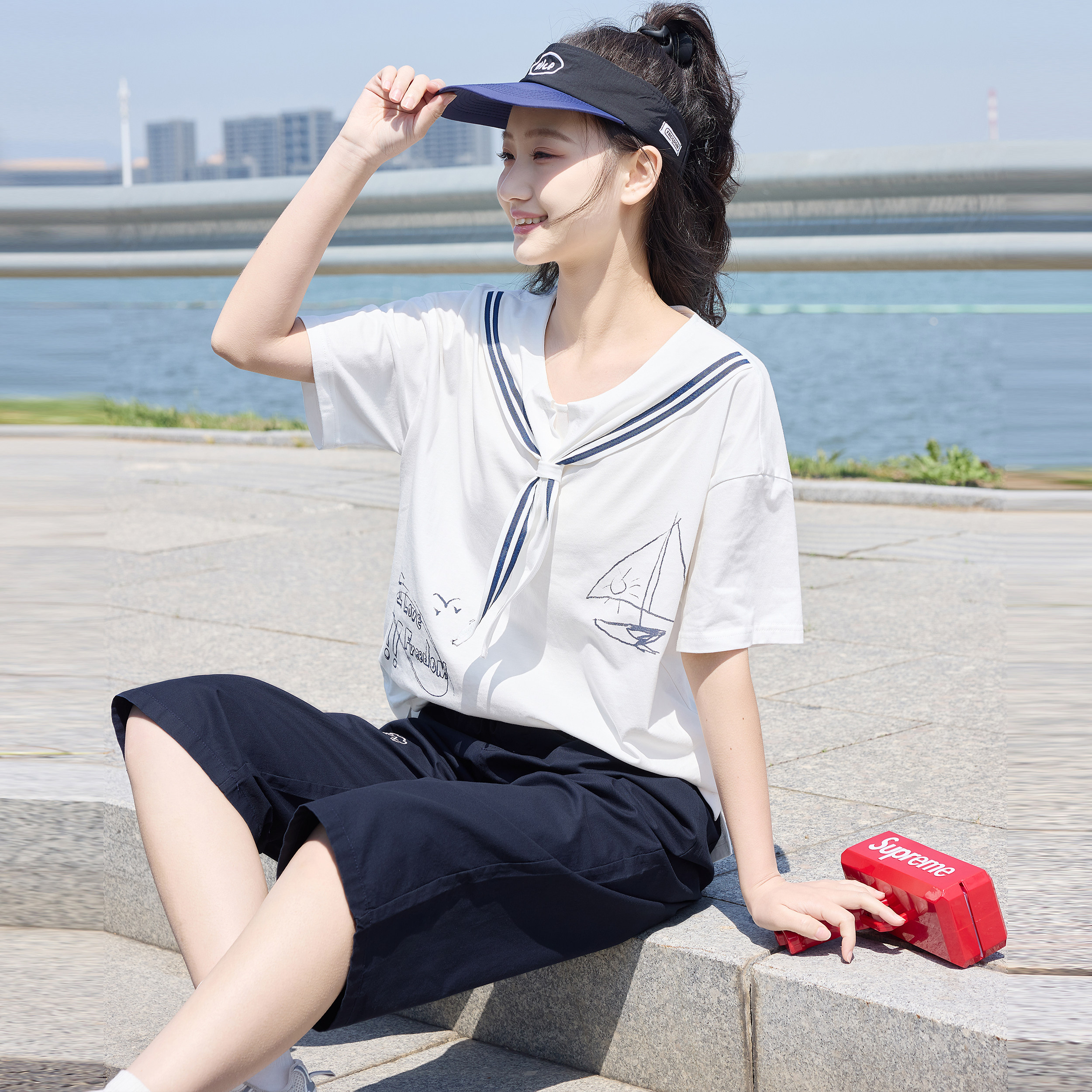 少女套装夏装日系海军T恤两件套