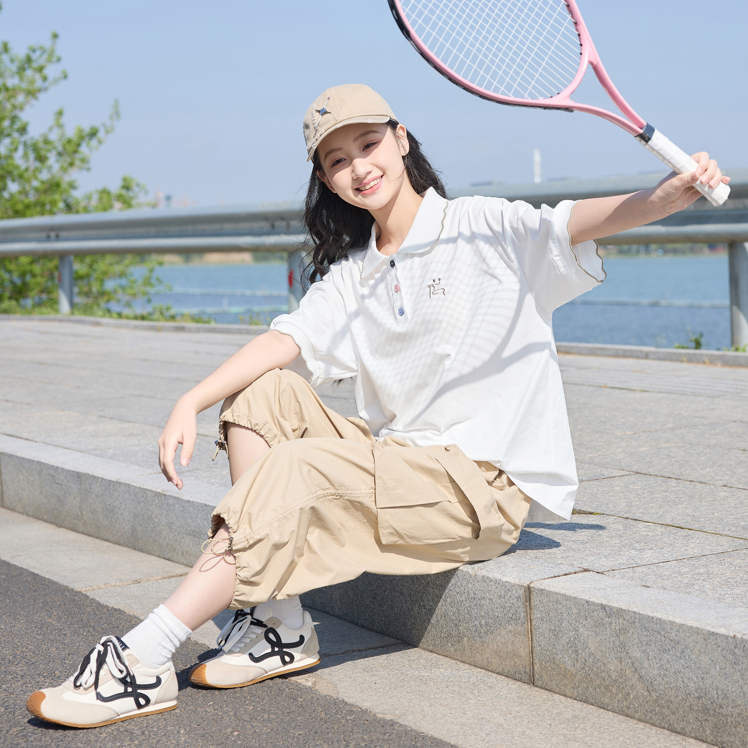 雪诗恋初中生夏装polo领短袖T恤女大童白色宽松刺绣上衣学生百搭