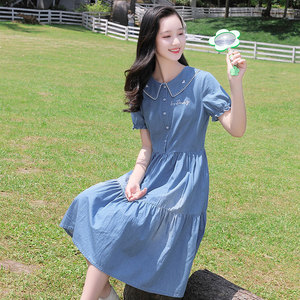 初中生高中薄牛仔连衣裙时尚年夏季新甜美娃娃领过膝中长裙子少女