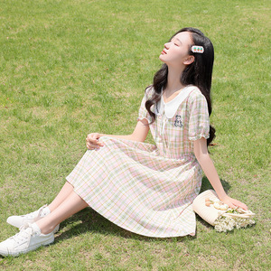 蝴蝶领格子连衣裙中学生少女裙森系学院风收腰大童中长款裙子全棉
