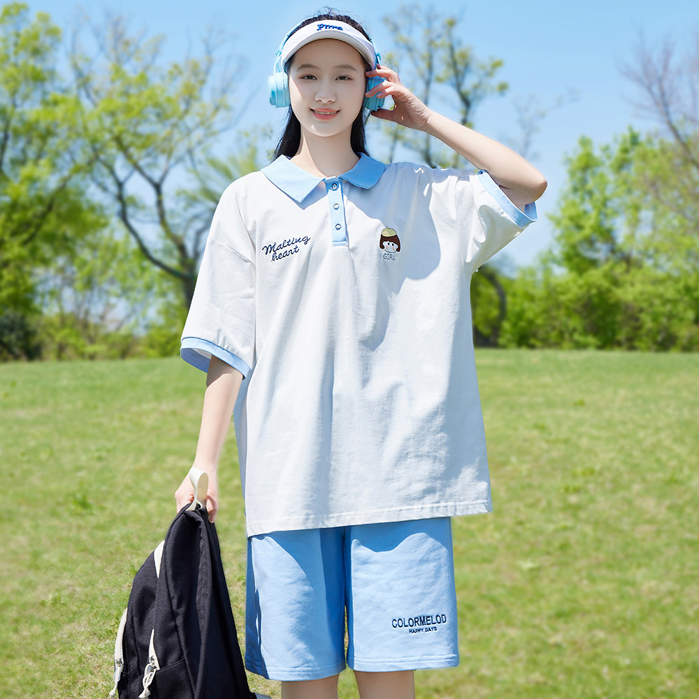 POLO衫短袖t恤初中生少女夏装大码宽松半袖纯棉绣花休闲上衣学生