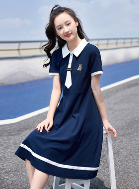 初中生连衣裙POLO领高中生少女夏装新款学院风中长款女孩日系裙子