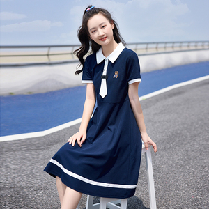 初中生连衣裙POLO领高中生少女夏装新款学院风中长款女孩日系裙子