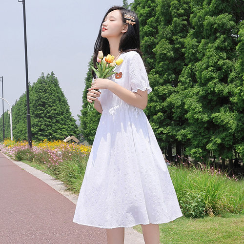 甜美风A字裙100%纯棉提花连衣裙