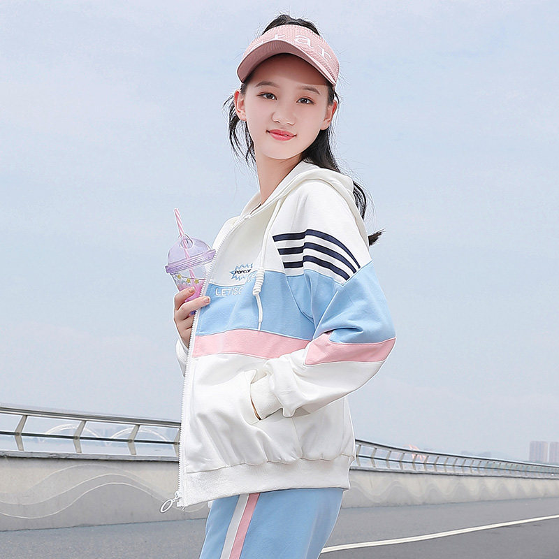 初中生秋装外套女休闲运动宽松百搭时尚少女青秋连帽拉链开衫卫衣