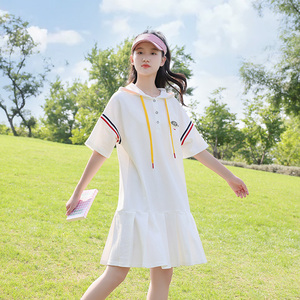 青少女夏装高中初中生2025年学院风带帽休闲运动连衣裙运动裙子潮